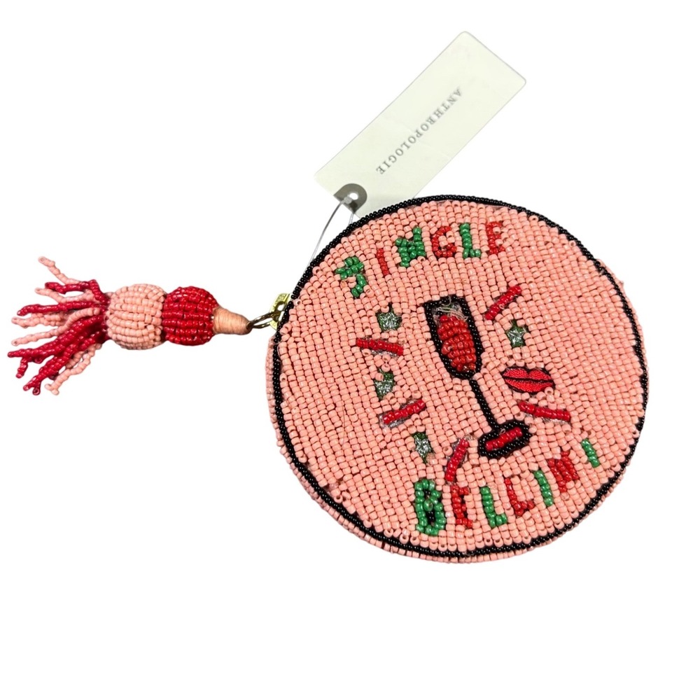 Anthropologie Coin Purse NWT Women OS Pink Red Jingle Bellini Beaded Tassel
